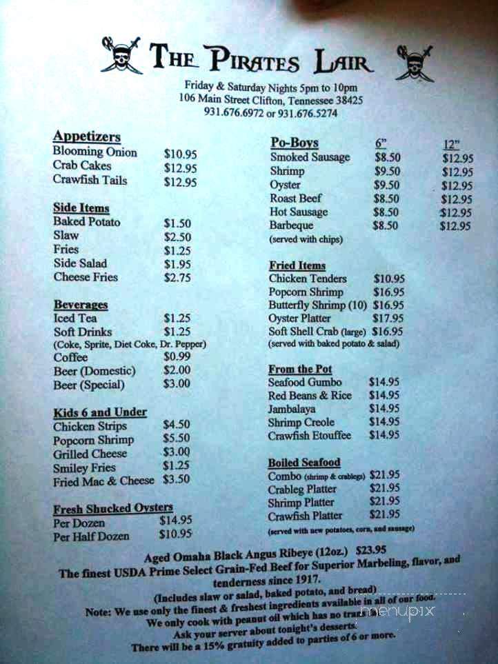 Pirate's Lair - Clifton, TN menu_pic