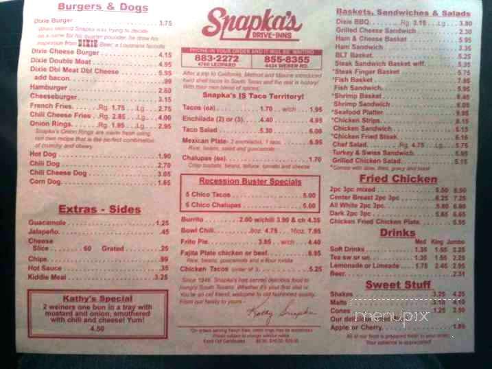 Snapka's Drive Inn - Corpus Christi, TX menu_pic