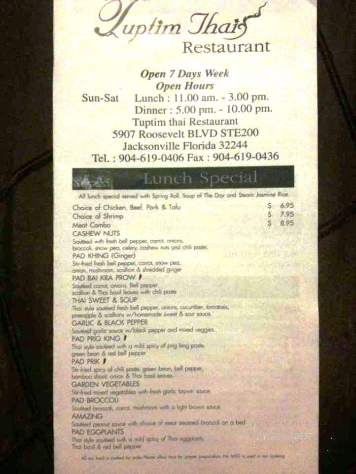 Tuptim Thai - Jacksonville, FL menu_pic