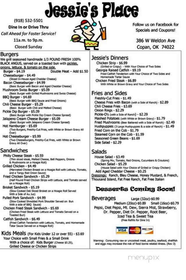 Jessie's Place - Copan, OK menu_pic