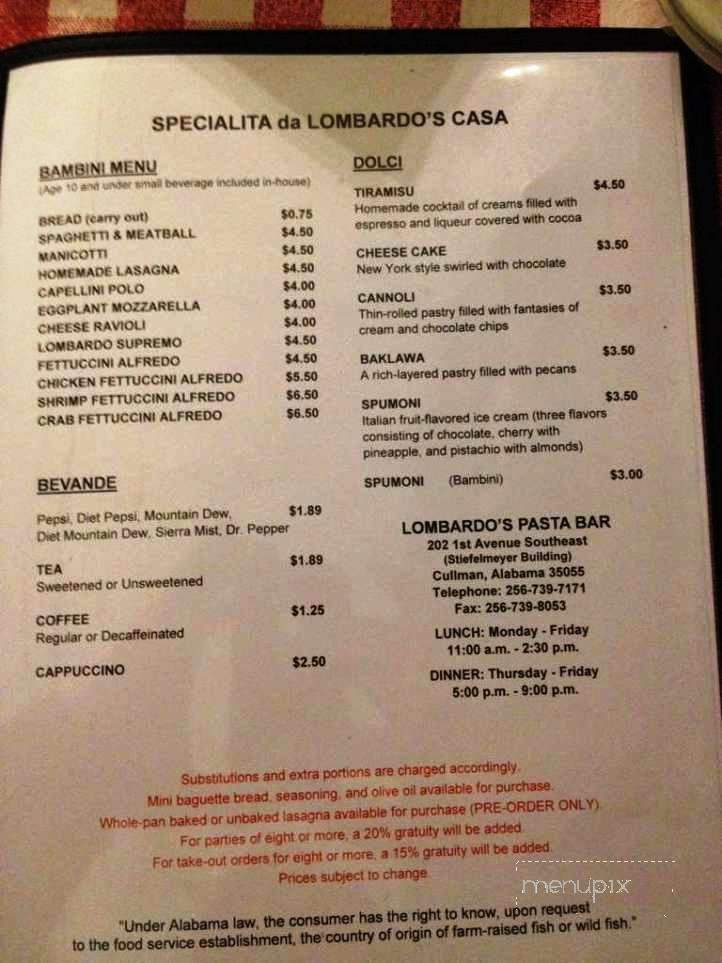 Lombardo's Pasta Bar - Cullman, AL menu_pic