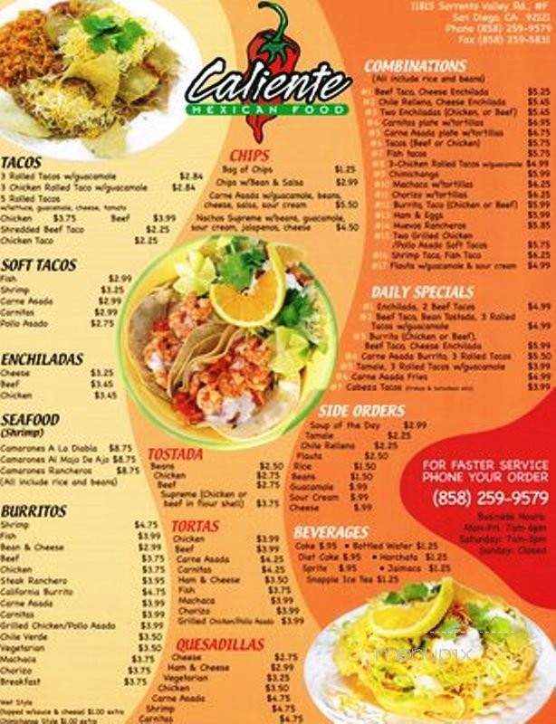 Caliente's Mexican Food - San Diego, CA menu_pic