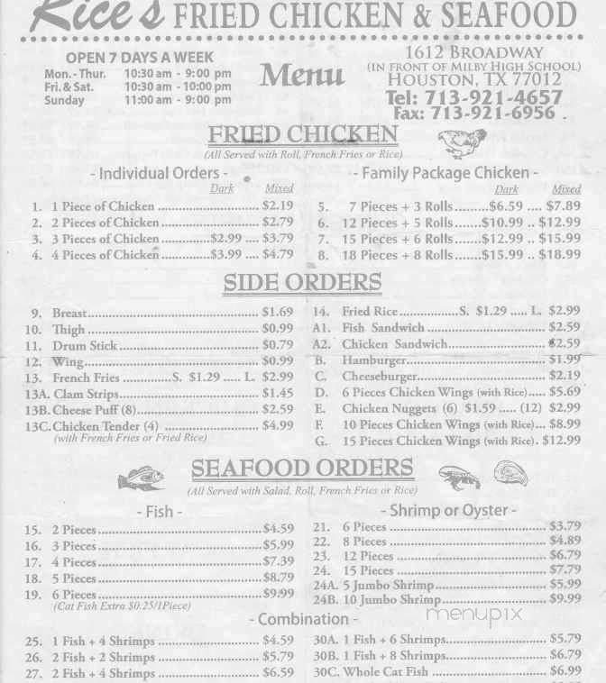 Rice's Fried Chicken & Seafood - Houston, TX menu_pic