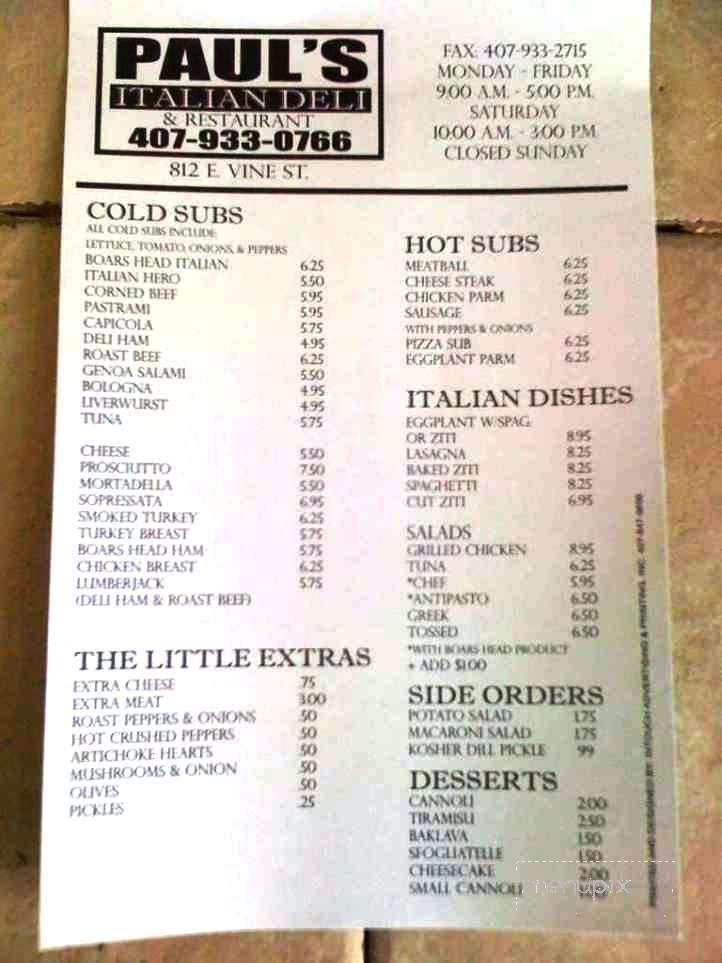 Paul's Italian Deli & Restaurant - Kissimmee, FL menu_pic