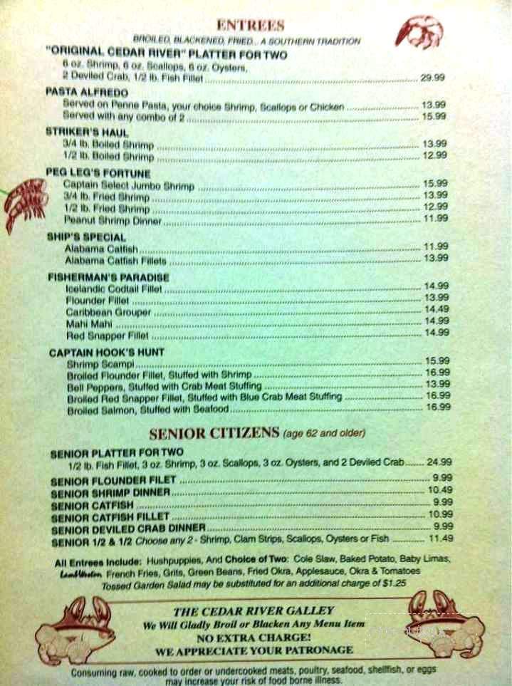 Cedar River Seafood Restaurant - Callahan, FL menu_pic