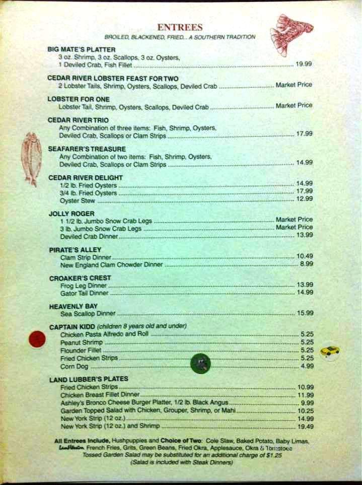 Cedar River Seafood Restaurant - Callahan, FL menu_pic