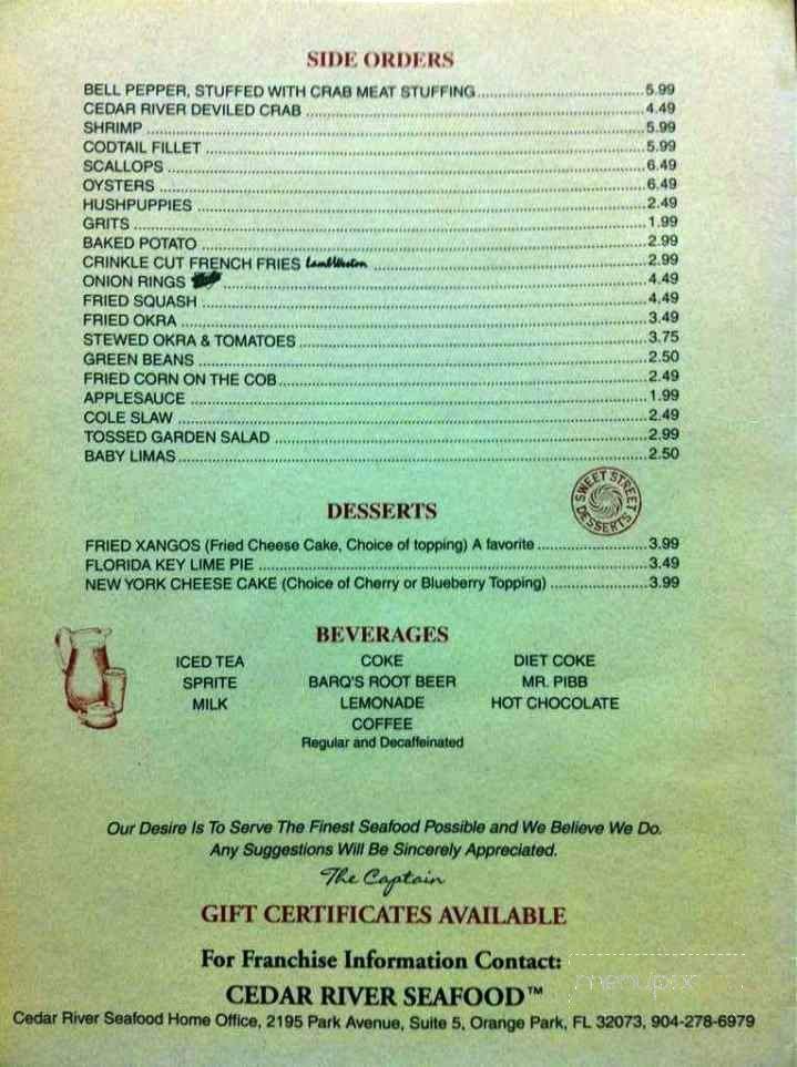 Cedar River Seafood Restaurant - Callahan, FL menu_pic