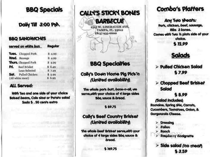 Cally's Sticky Bones BBQ - Tampa, FL menu_pic