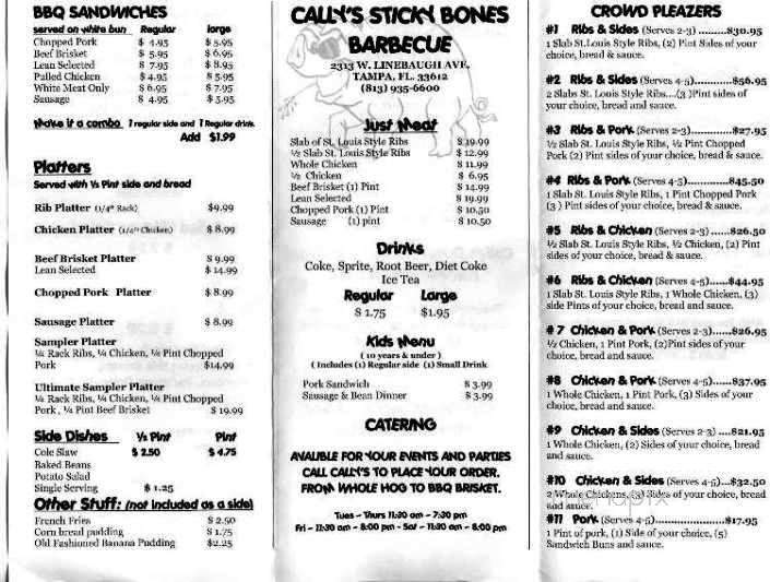 Cally's Sticky Bones BBQ - Tampa, FL menu_pic