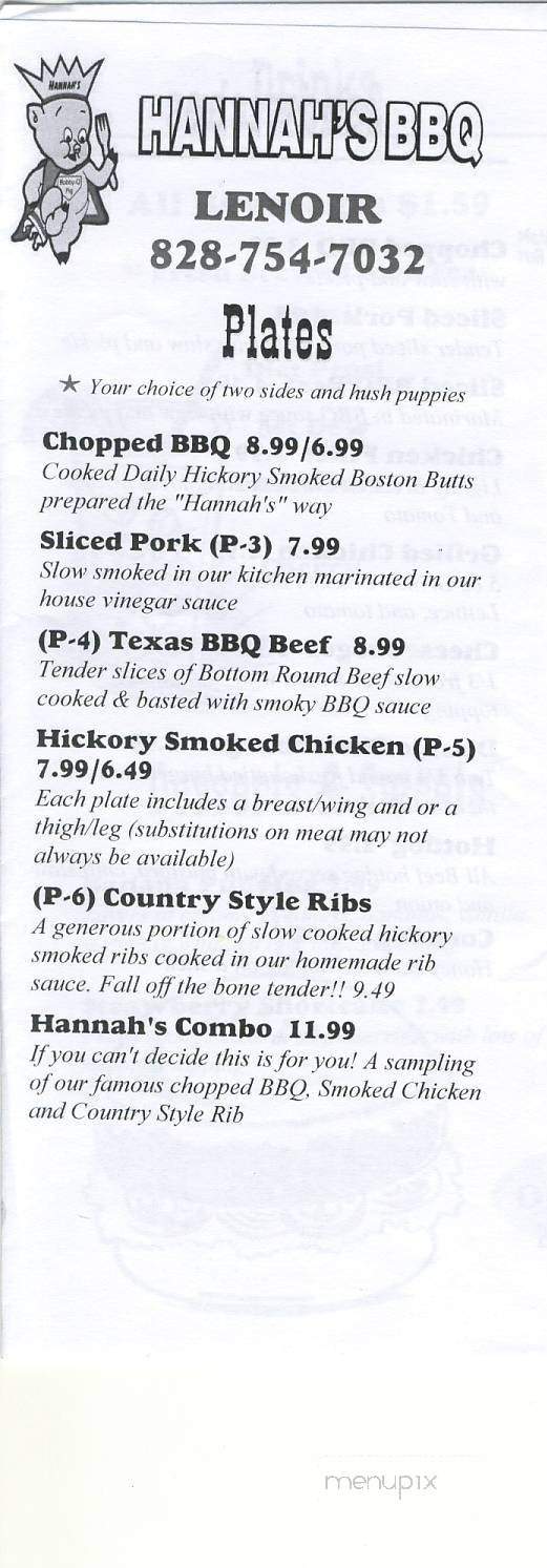 Hannah's Bar-B-Q - Lenoir, NC menu_pic