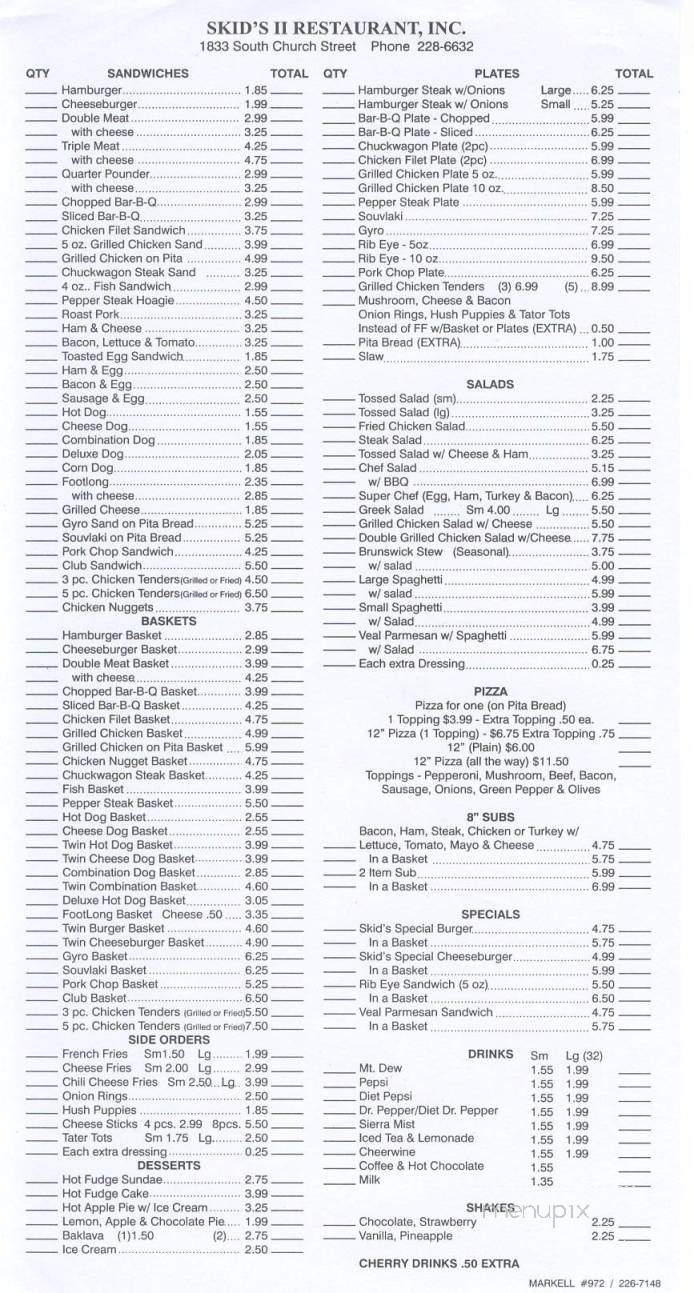 Skid's II - Graham, NC menu_pic