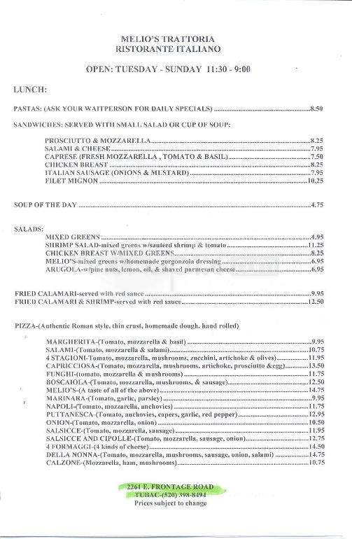 Melio's Trattoria - Tucson, AZ menu_pic