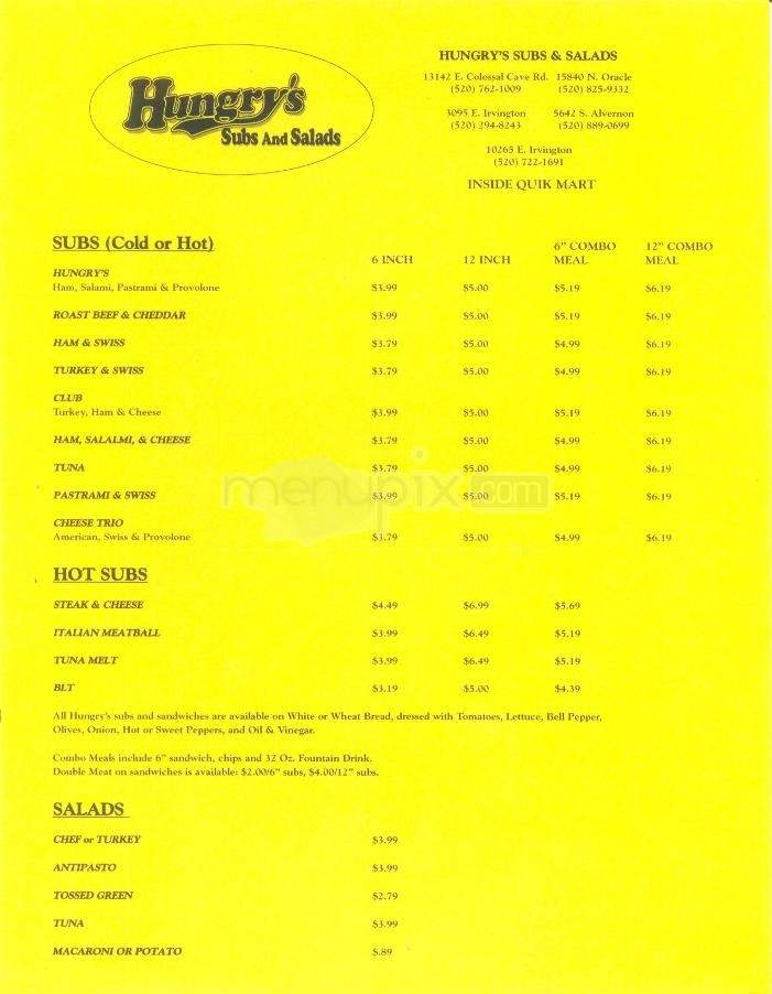 Hungry's Subs and Salads - Tucson, AZ menu_pic