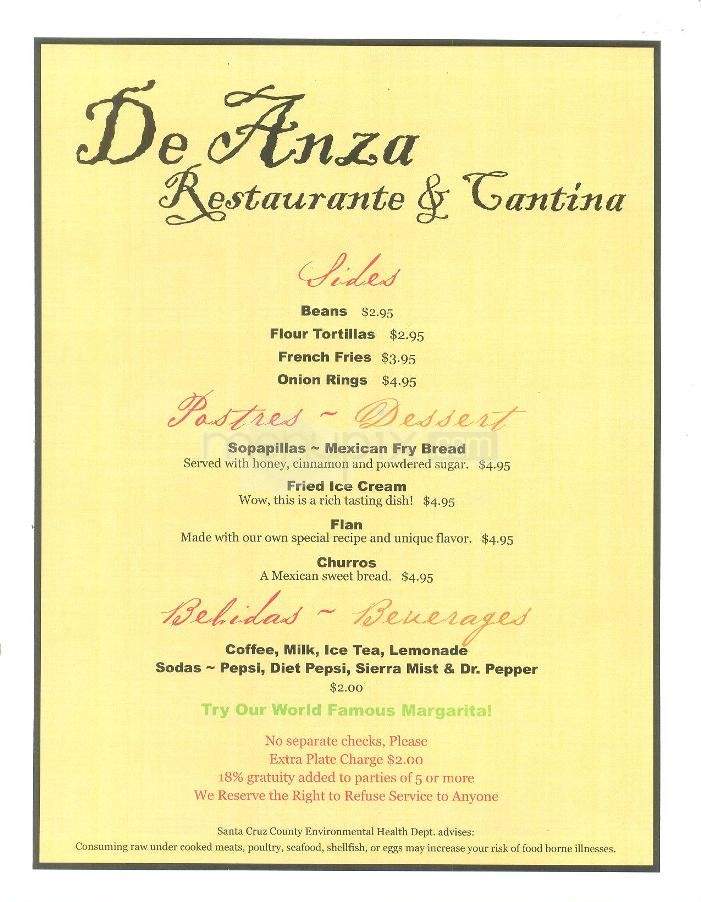 De Anza Restaurant and Cantina - Tubac, AZ menu_pic