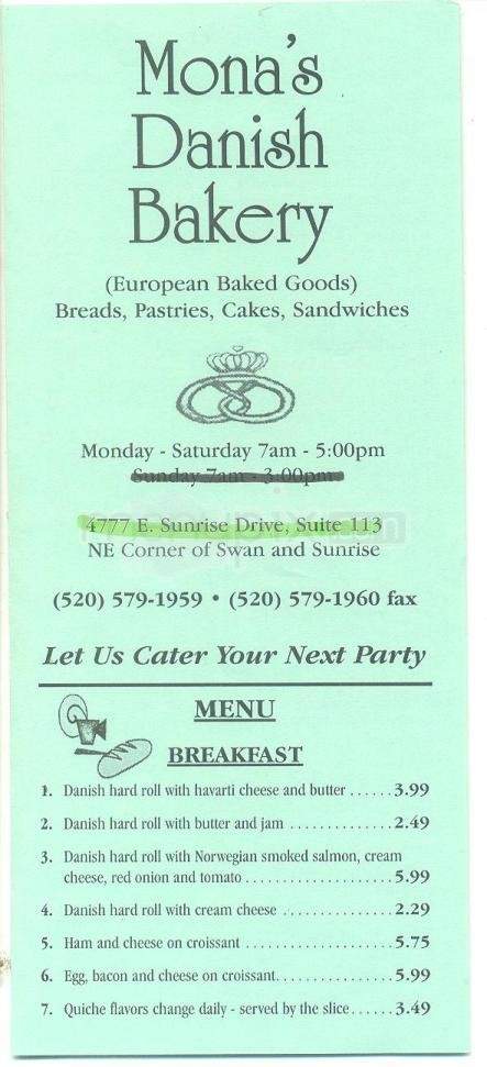 Mona's Danish Bakery - Tucson, AZ menu_pic