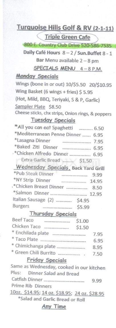 Triple Green Cafe At Turquoise - Benson, AZ menu_pic