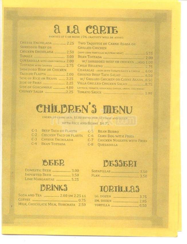 Villa Mexican Food - Tucson, AZ menu_pic