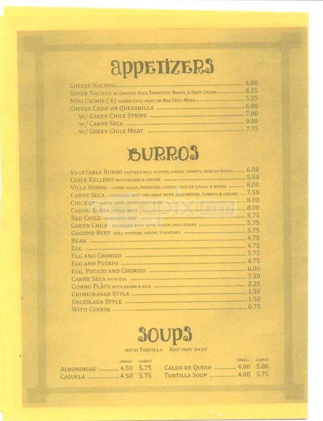Villa Mexican Food - Tucson, AZ menu_pic