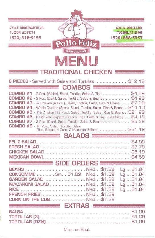 Pollo Feliz - Tucson, AZ menu_pic