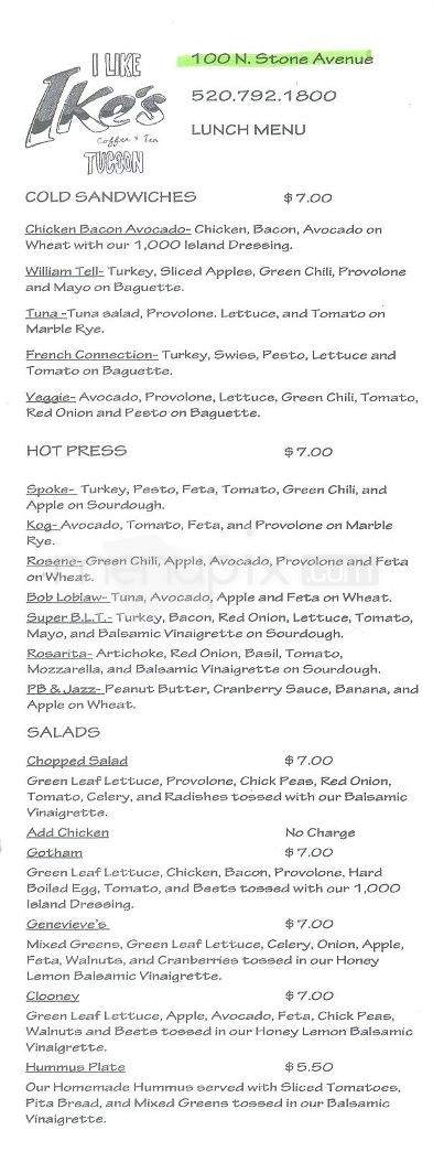 Ike's Coffee & Tea - Tucson, AZ menu_pic