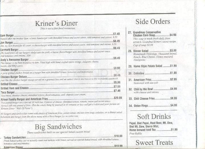 Menu of Kriner's Diner in Anchorage, AK 99503