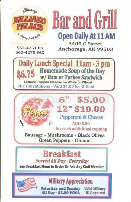 Billiard Palace - Anchorage, AK menu_pic