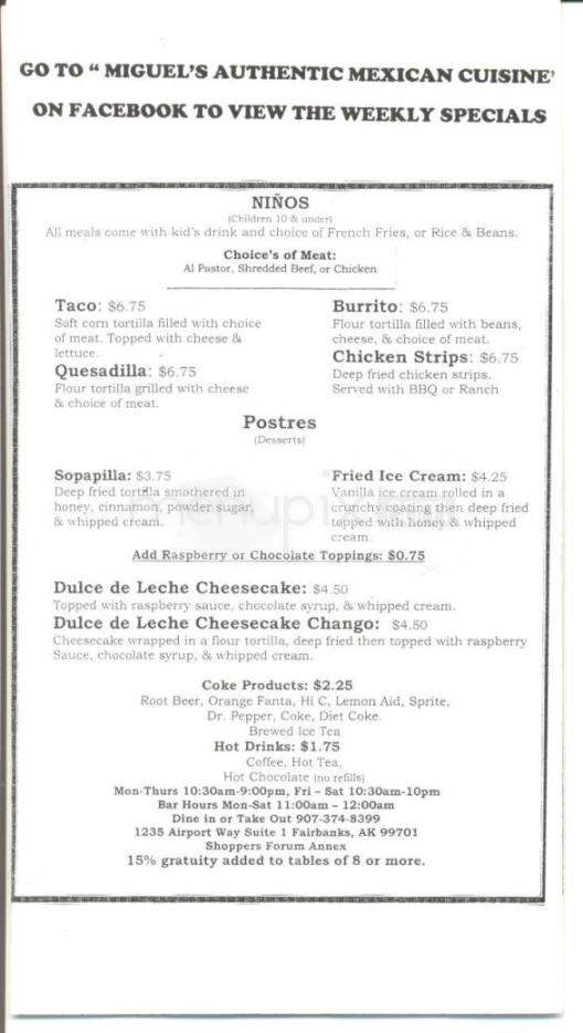 Miguel's Authentic Mexican Cuisine - Fairbanks, AK menu_pic