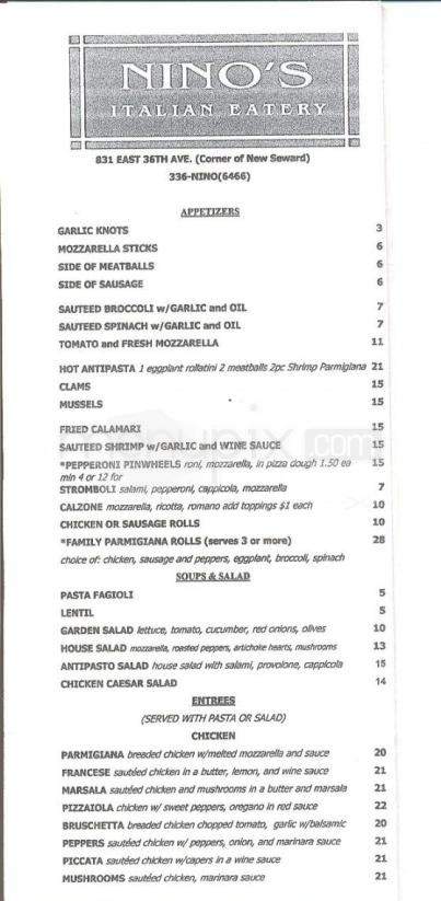 Nino's Italian Eatery - Anchorage, AK menu_pic
