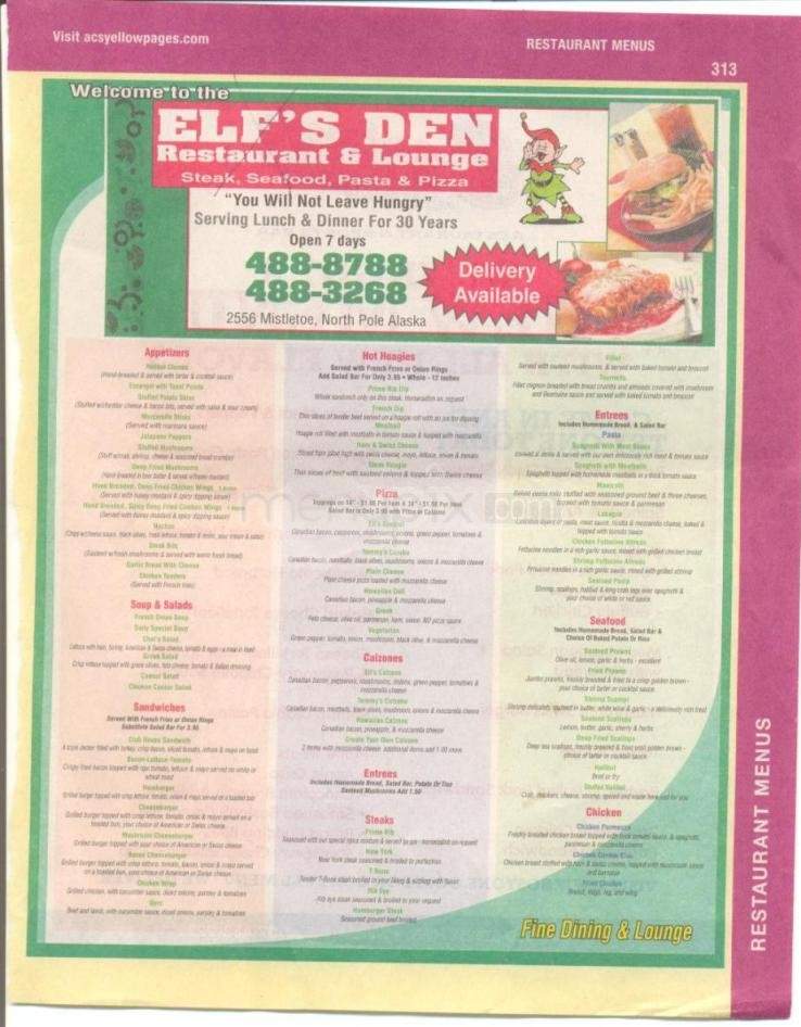 Elf's Den Restaurant - North Pole, AK menu_pic