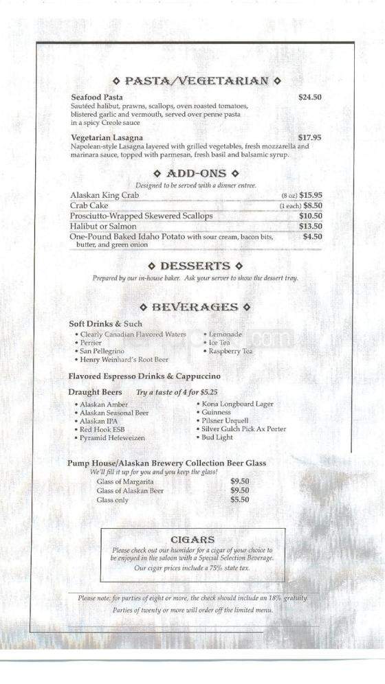 Pump House Restaurant & Saloon - Fairbanks, AK menu_pic