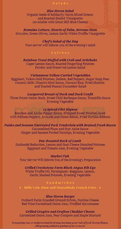 Blue Heron Restaurant - Sunderland, MA menu_pic