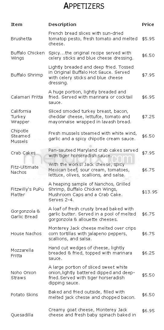Fitzwilly's - Northampton, MA menu_pic