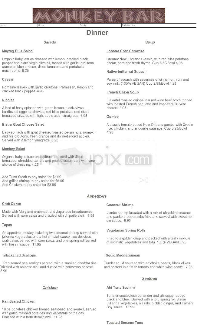 Monkey Bar & Grill - Amherst, MA menu_pic