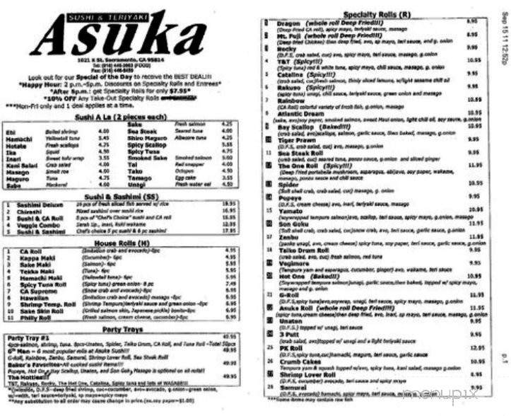 Asuka Japanese Restaurant - Sacramento, CA menu_pic