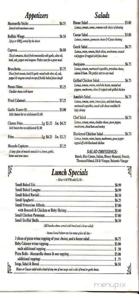 Menu Of Amelia S Pizzeria Restaurant In Christiansburg Va 24073
