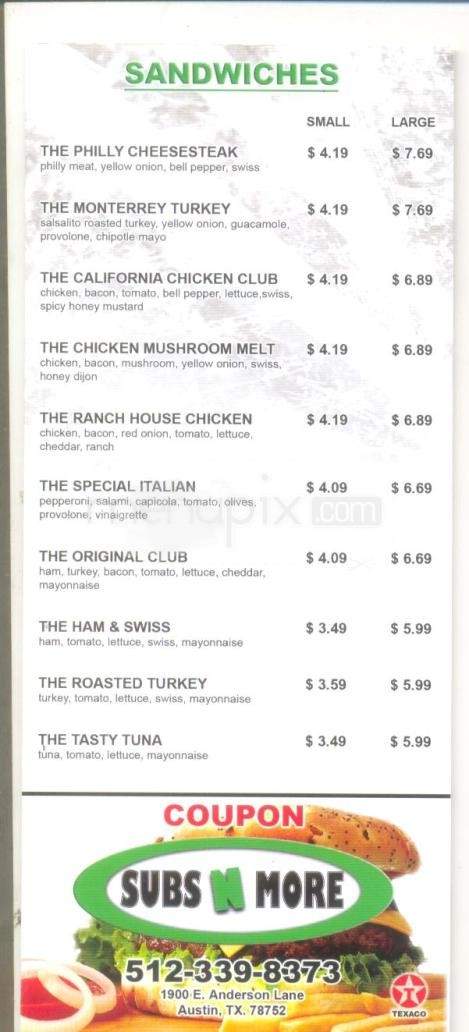 Subs N More at Walnut Market - Austin, TX menu_pic
