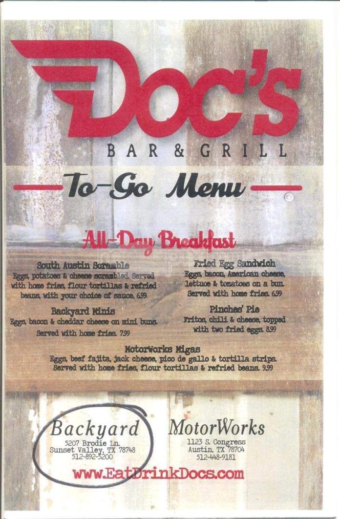 Doc's Backyard Bar & Grill - Austin, TX menu_pic