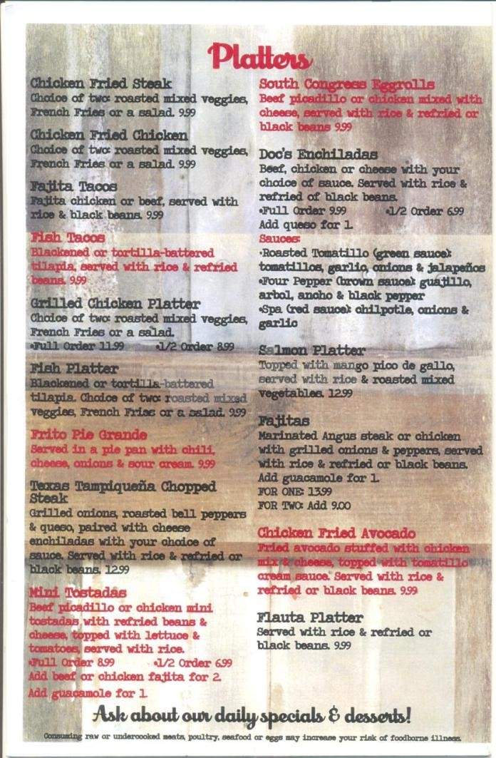 Doc's Backyard Bar & Grill - Austin, TX menu_pic