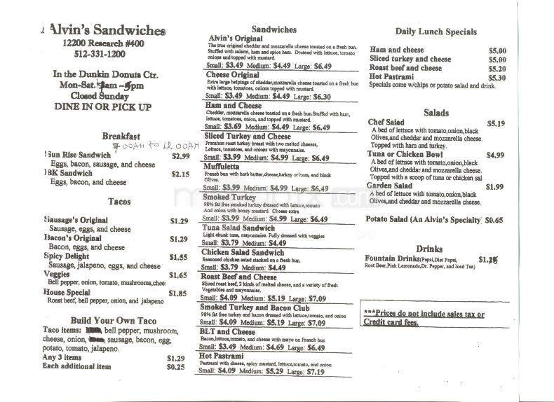 Alvin's Sandwich Shop - Austin, TX menu_pic