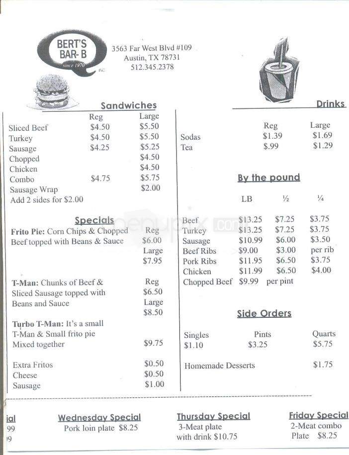 Bert's Bar-B-Q - Austin, TX menu_pic