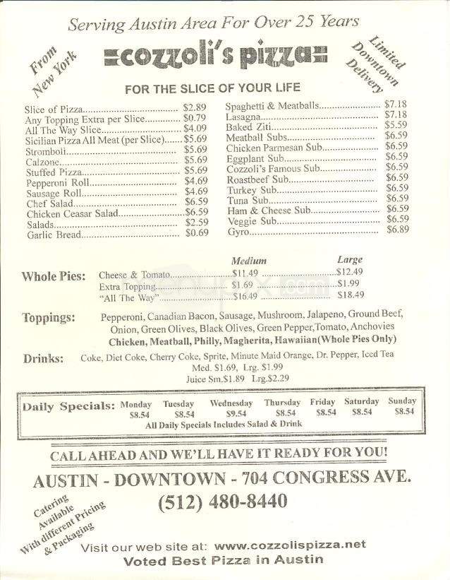 Cozzoli's Pizza - Austin, TX menu_pic