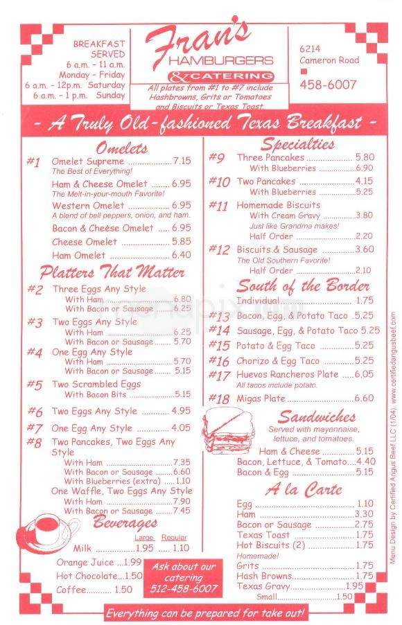 Fran's Hamburgers - Austin, TX menu_pic