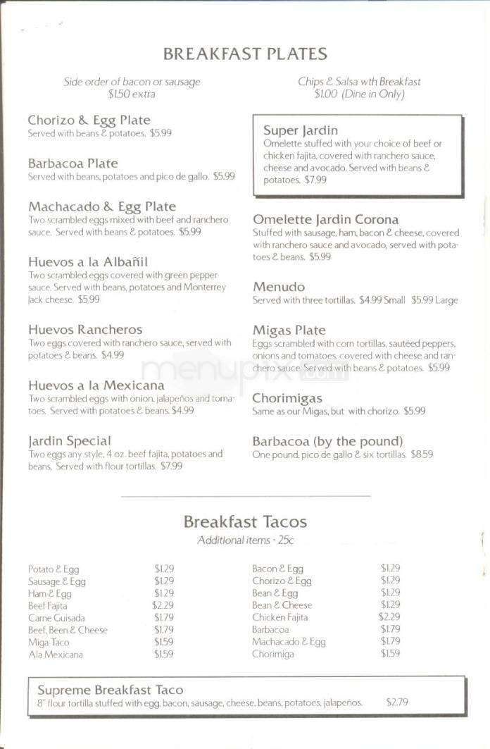 Jardin Corona Mexican Restaurant - Austin, TX menu_pic