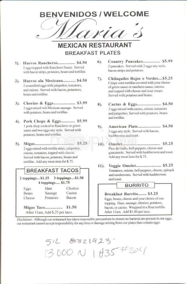 Maria's Mexican Restaurant - Austin, TX menu_pic