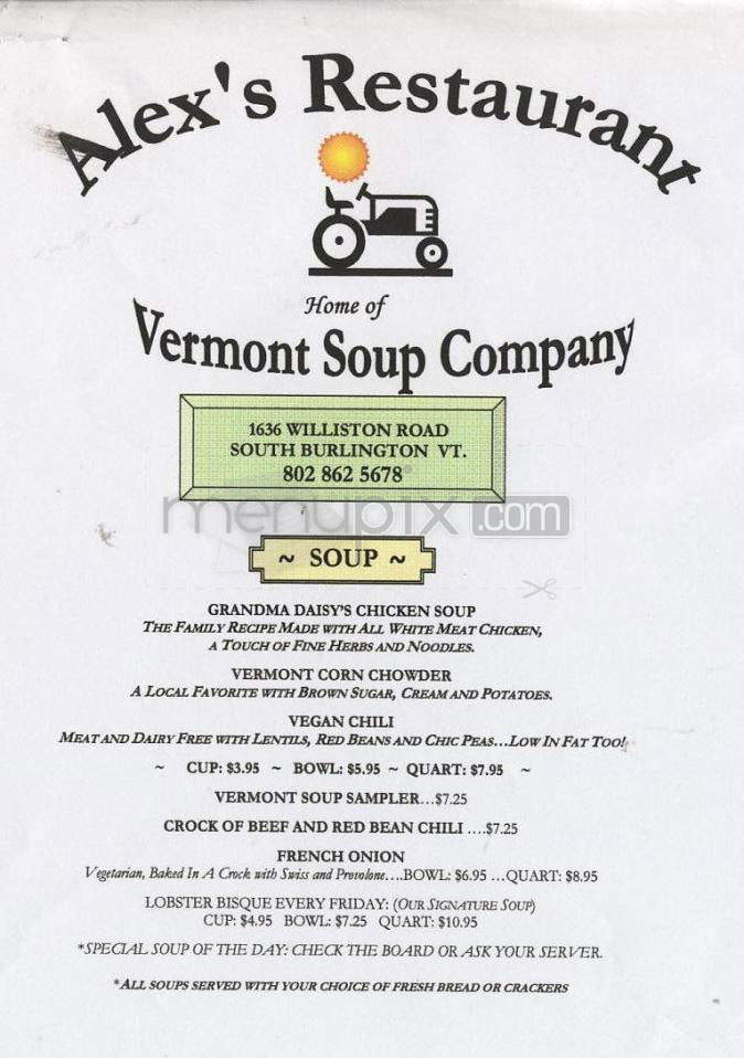 Alex's Restarant Home of Vermont Soup Co - South Burlington, VT menu_pic