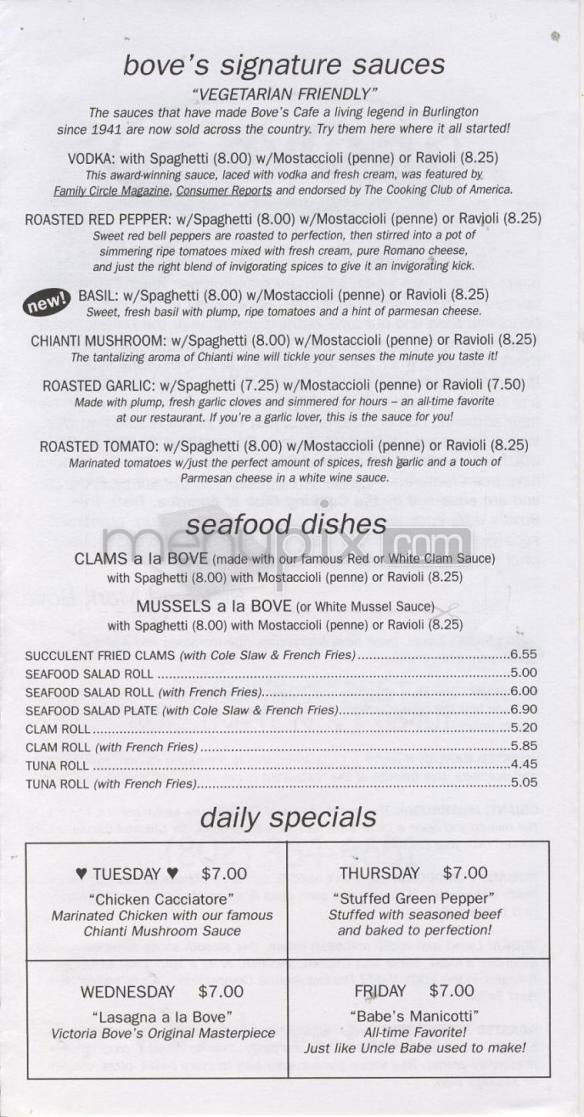 Bove's Restaurant - Burlington, VT menu_pic