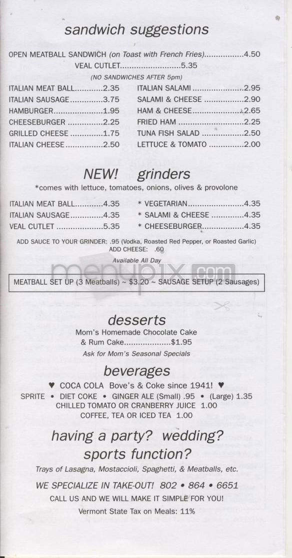 Bove's Restaurant - Burlington, VT menu_pic