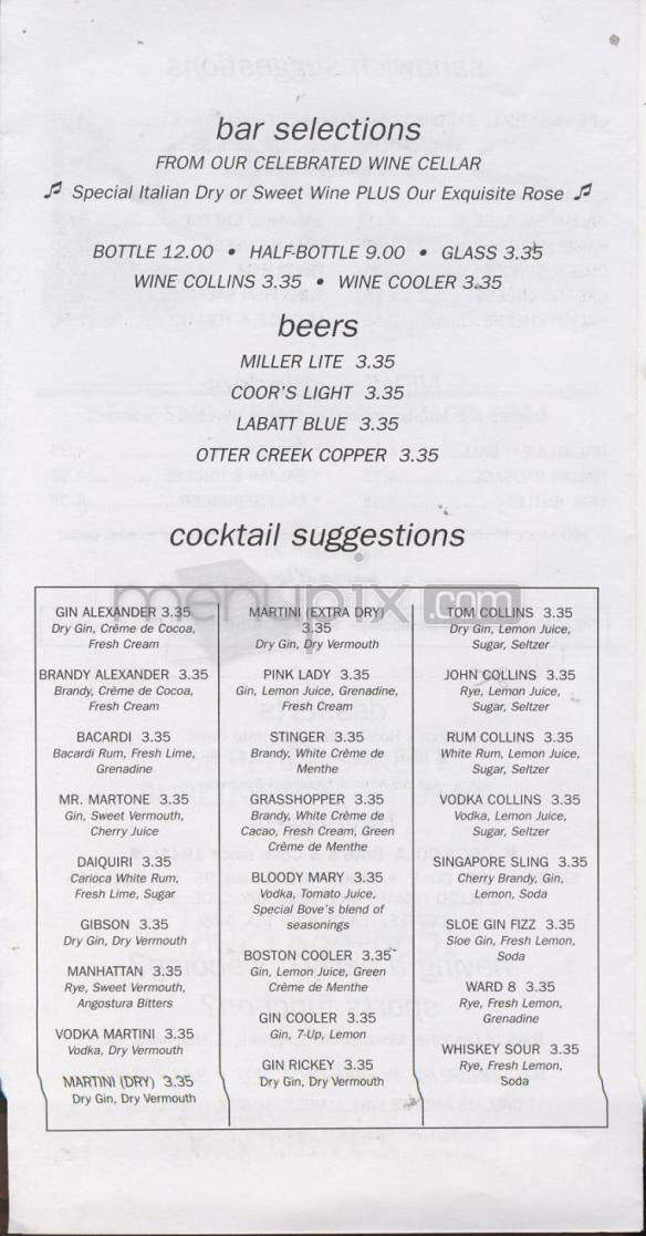 Bove's Restaurant - Burlington, VT menu_pic