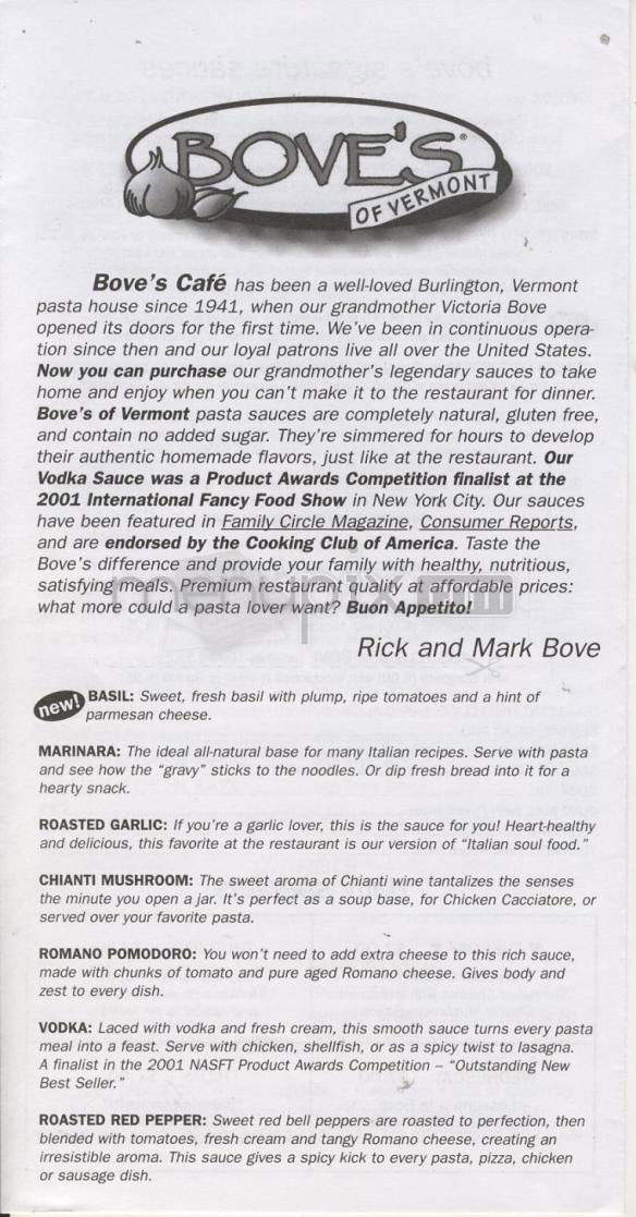 Bove's Restaurant - Burlington, VT menu_pic