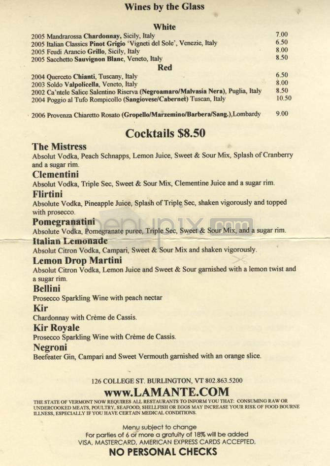L'Amante - Burlington, VT menu_pic
